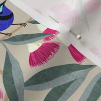 Splendid Fairy Wrens and Pink Eucalyptus - cream of mushroom, small scale by Cecca Designs
