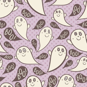 Happy-ghosts-with-dark-reddish-brown-boo-speech-bubbles-and-peach-pink-stars-on-kitschy-peach-pink-XL-jumbo