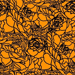 Rose Line Art Black on Tangerine Orange