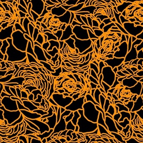 Rose Line Art Tangerine Orange on Black