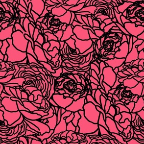 Rose Line Art Black on Hot Pink