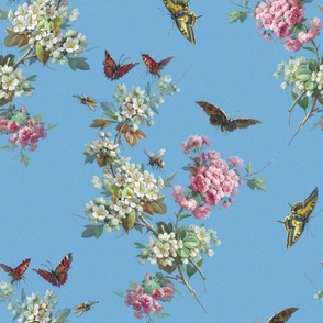 Bees, butterflies and flowers on sky blue
