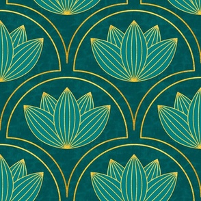 Water Lilies Art Deco_Bg Teal_Gold_Metallic Wpp_100Size