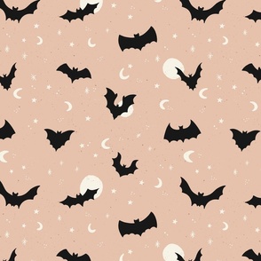Flying bats on Halloween night with stars and moons in light pink - medium size