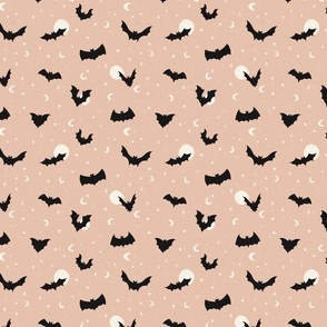 Flying bats on Halloween night with stars and moons in light pink - small size