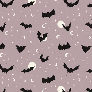 Flying bats on Halloween night with stars and moons in lavender lilac - medium size