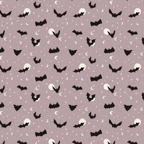 Flying bats on Halloween night with stars and moons in lavender lilac - small size