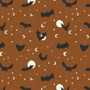 Flying bats on Halloween night with stars and moons in warm brown - medium size