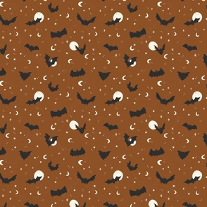 Flying bats on Halloween night with stars and moons in warm brown - small size