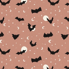Flying bats on Halloween night with stars and moons in warm tan rose - medium size