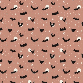 Flying bats on Halloween night with stars and moons in warm tan rose - small size