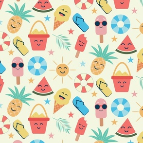 Kawaii Fun Summer Icons with Ice cream, pineapple, sand buck, watermelon and smiling sun -Medium Scale 