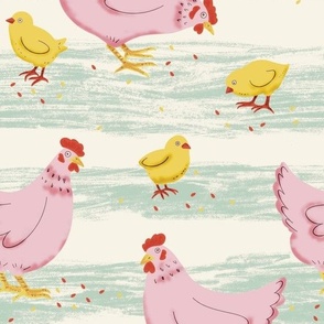 Farmhouse Hens and Chickens Pink  Yellow on Cream and Green 
