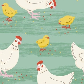 Farmhouse Hens and Chickens Cream Yellow on Sage Green 