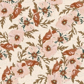 Heritage Garden vintage Poppy floral diagonal medium scale rust