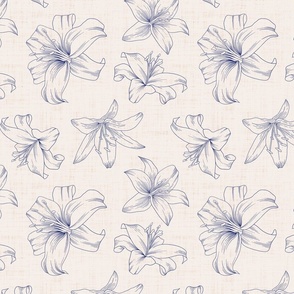 Blue Lilies on Cream Linen background - Toile - Large scale