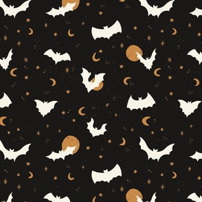 Flying bats on Halloween night with stars and moons in black with off white and ochre - medium size