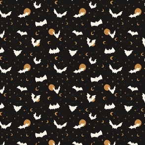Flying bats on Halloween night with stars and moons in black with off white and ochre - small size