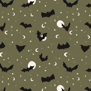 Flying bats on Halloween night with stars and moons in dark green - medium size