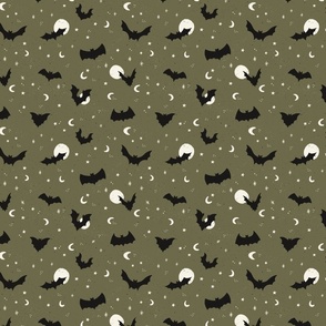 Flying bats on Halloween night with stars and moons in dark green - small size