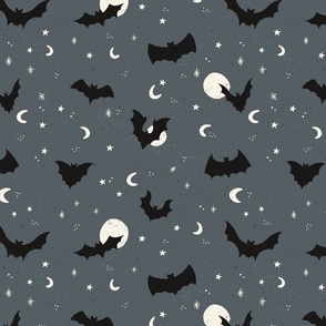 Flying bats on Halloween night with stars and moons in jeans blue - medium size