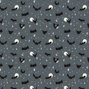 Flying bats on Halloween night with stars and moons in jeans blue - small size