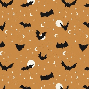 Flying bats on Halloween night with stars and moons in caramel yellow - medium size