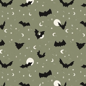 Flying bats on Halloween night with stars and moons in sage green - medium size