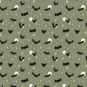 Flying bats on Halloween night with stars and moons in sage green - small size