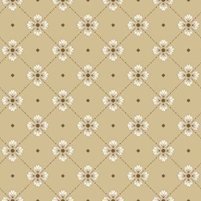 Simone: Golden Tan Tiled Floral, Small Scale Neutral Diagonal Botanical Fabric