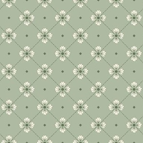 Simone: Sage Green Tiled Floral, Small Scale Diagonal Botanical Fabric