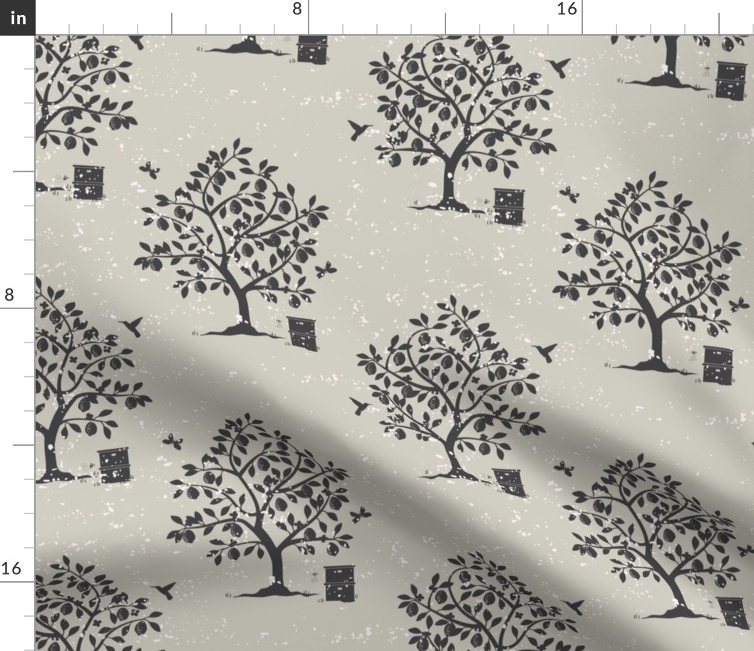 Lemon Tree Grove with bee hives in Charcoal and Ash Gray Neutrals