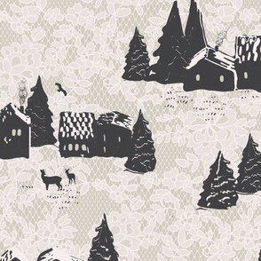 Farmhouses in Charcoal Gray on Vintage Lace