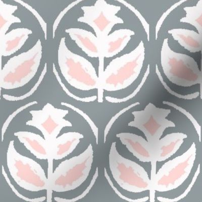 Vintage wood block lily flowers - mid-grey, fashion pink, white