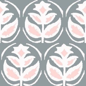 Vintage wood block lily flowers - mid-grey, fashion pink, white