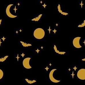 Simple Cute Bats Moons + Stars for Halloween in Black + Gold SM SCALE