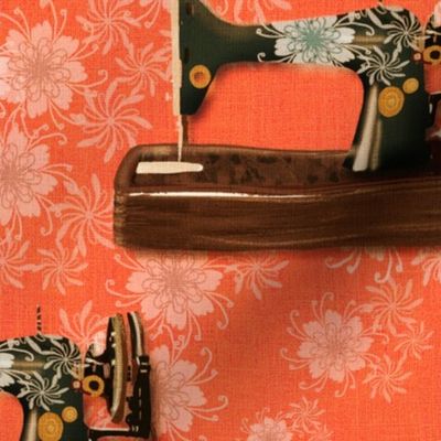 Medium 12” Heritage vintage antique handdrawn sewing machine with faux woven texture and delicate flowers on deep coral