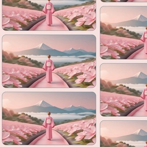 Japanese woman on road with pink flower fields