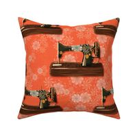 Small 6” Heritage vintage antique handdrawn sewing machine with faux woven texture and delicate flowers on deep coral
