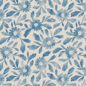 (s) Margaux - simple watercolor textured tossed florals and leaves in Royal Blue and Linen off-white