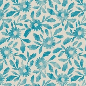 (s) Margaux - simple watercolor textured tossed florals and leaves in Teal and Linen off-white