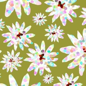 Fun Colorful Bright Pastel Floral on Bright Olive, L