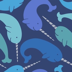 Narwhal Playtime - cute playful narwhals in shades of blue swimming in the sea