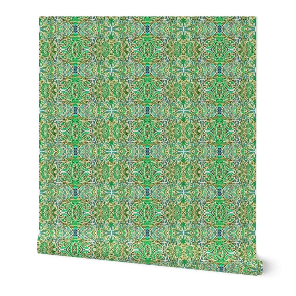 Scramble Around the Gardens (Ivory and Green Leaf Abstract)