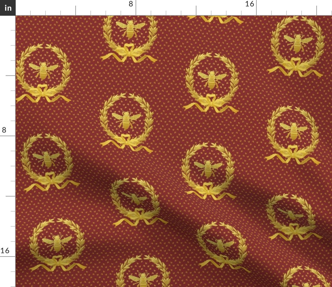 Faux Gold on Scarlet Red Antique French Inspired Napoleonic Bee Laurel Wreath Pattern by Sewell Graphic Arts