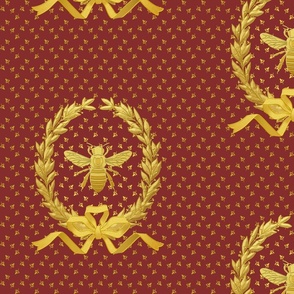 Faux Gold on Scarlet Red Antique French Inspired Napoleonic Bee Laurel Wreath Pattern by Sewell Graphic Arts