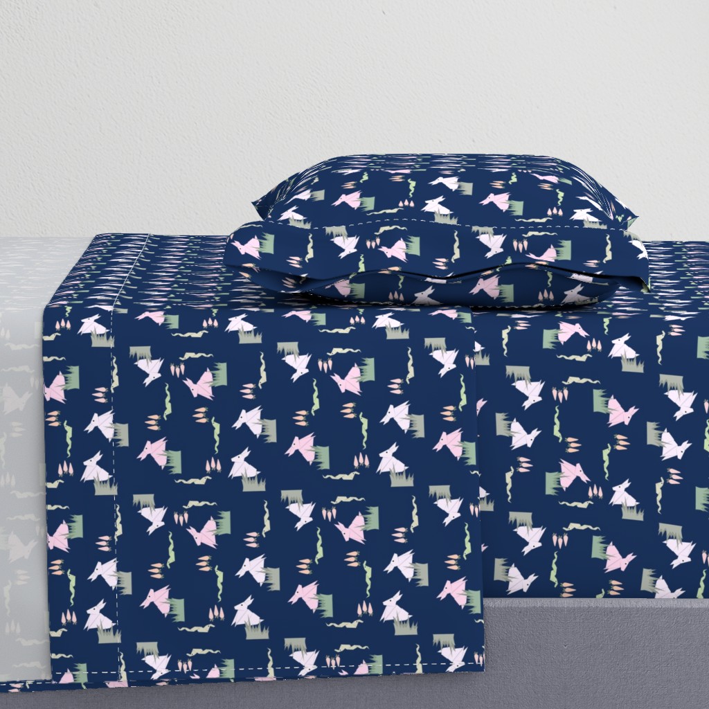 (S) Origami spring bunny garden-navy blue