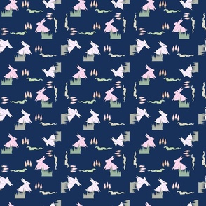 (S) Origami spring bunny garden-navy blue