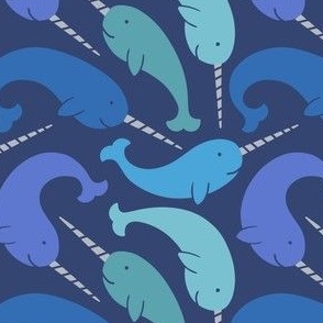Narwhal Playtime - small scale pattern of cute playful narwhals in shades of blue swimming in the sea