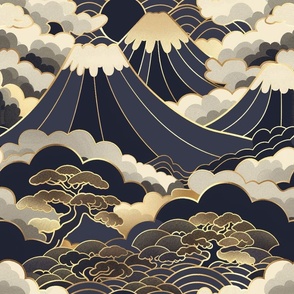 Art Deco Japanese Mount Fuji Gold and Blue 
